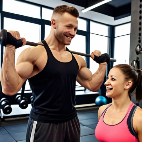 **

A modern, bright gym in Krakow, Poland. A young, fit personal trainer (male or female) is enthusiastically guiding a client through a weightlifting exercise. In the background, other gym-goers are engaged in various fitness activities. The overall feel is energetic and positive, highlighting the trainer's competence and the gym's popularity. Focus on demonstrating a successful client-trainer relationship.

**