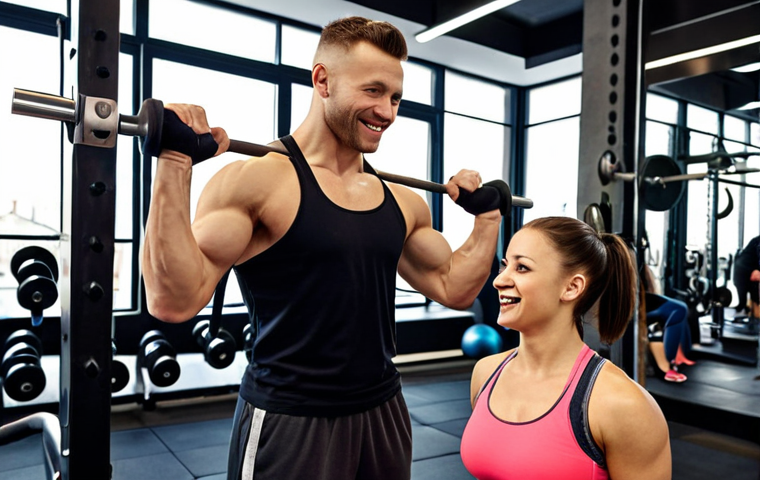 **
A modern, bright gym in Krakow, Poland. A young, fit personal trainer (male or female) is enthusiastically guiding a client through a weightlifting exercise. In the background, other gym-goers are engaged in various fitness activities. The overall feel is energetic and positive, highlighting the trainer's competence and the gym's popularity. Focus on demonstrating a successful client-trainer relationship.
**