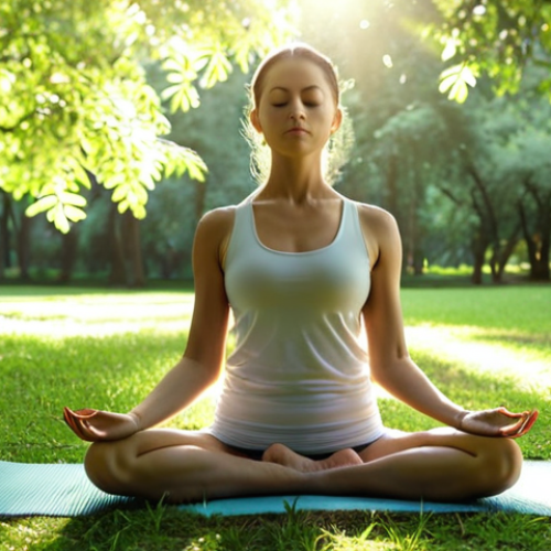 A serene woman practicing yoga outdoors in a lush, green park, sunlight filtering through the trees, emphasizing relaxation and mindfulness.