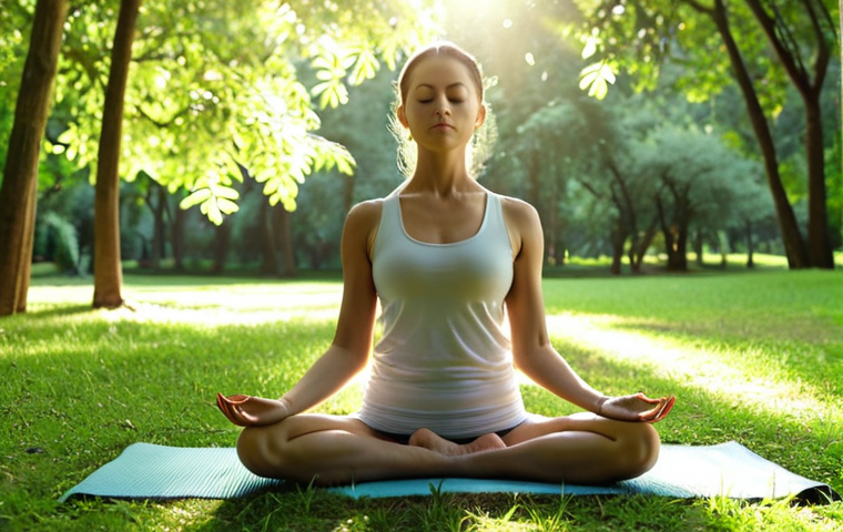 A serene woman practicing yoga outdoors in a lush, green park, sunlight filtering through the trees, emphasizing relaxation and mindfulness.