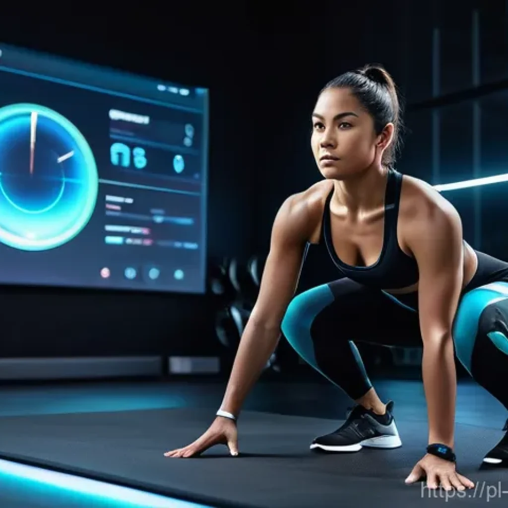 스포츠 과학과 기술 - **AI-Powered Personalized Training Session**
    A dynamic, eye-level shot of a focused female athle...