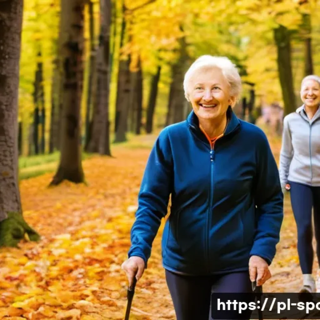 체력 향상을 위한 운동 - **Prompt:** A diverse group of people, aged 20s to 50s, joyfully engaging in a brisk Nordic walking ...