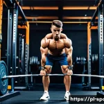 근력 훈련 이론 - A focused gym scene showing a young adult male athlete performing a deadlift with free weights in a ...