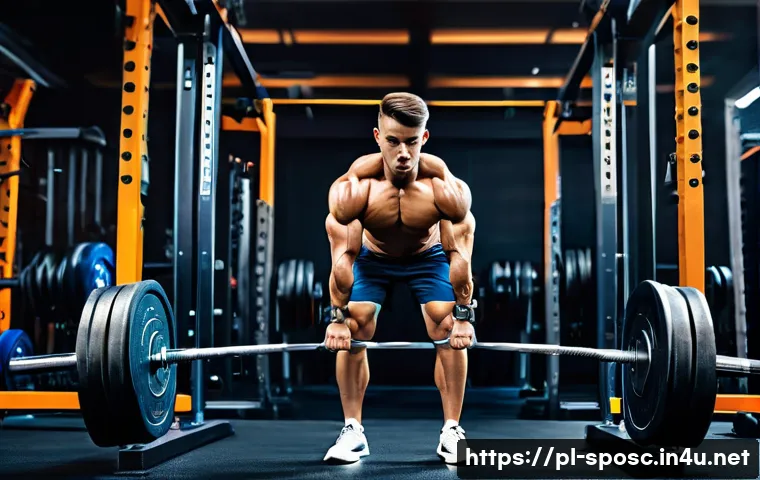 근력 훈련 이론 - A focused gym scene showing a young adult male athlete performing a deadlift with free weights in a ...
