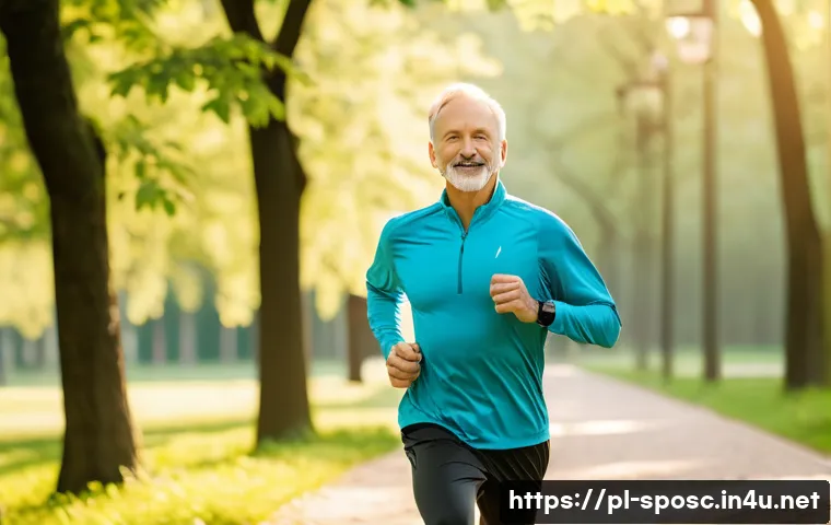 운동의 생리학적 효과 - A dynamic scene of a middle-aged Polish man jogging through a scenic park in Warsaw during early mor...