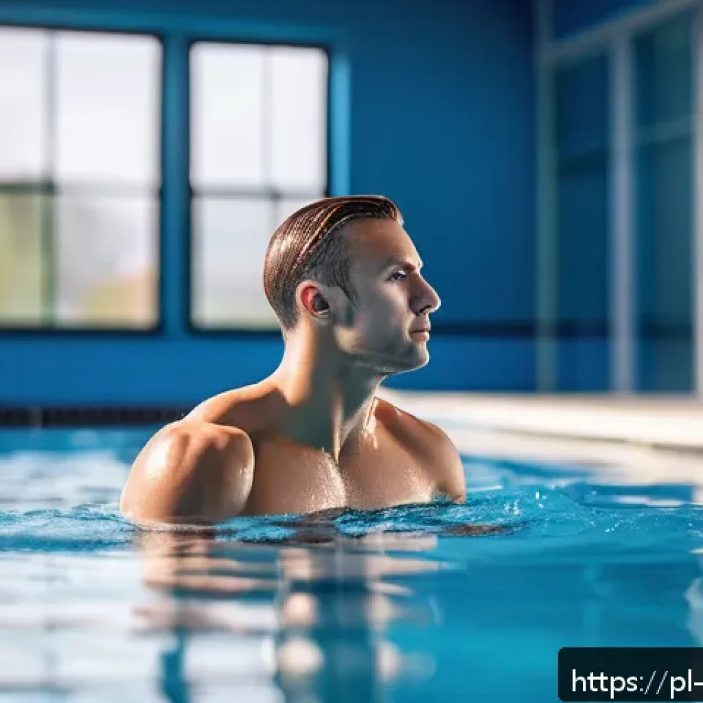단거리 및 장거리 훈련 - A detailed scene of a male athlete in his late 20s performing an active recovery session by swimming...
