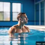단거리 및 장거리 훈련 - A detailed scene of a male athlete in his late 20s performing an active recovery session by swimming...
