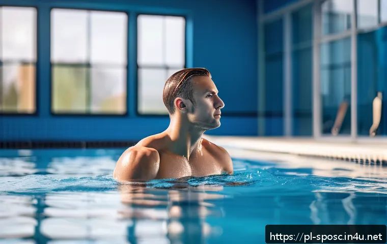 단거리 및 장거리 훈련 - A detailed scene of a male athlete in his late 20s performing an active recovery session by swimming...