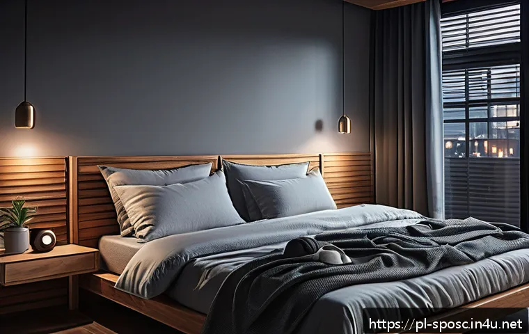 스포츠 과학 실험 - A modern bedroom scene optimized for deep sleep and muscle recovery, featuring a young adult Polish ...