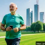심박수 조절 - A middle-aged Polish man wearing casual sportswear, walking briskly in a lush green city park in War...