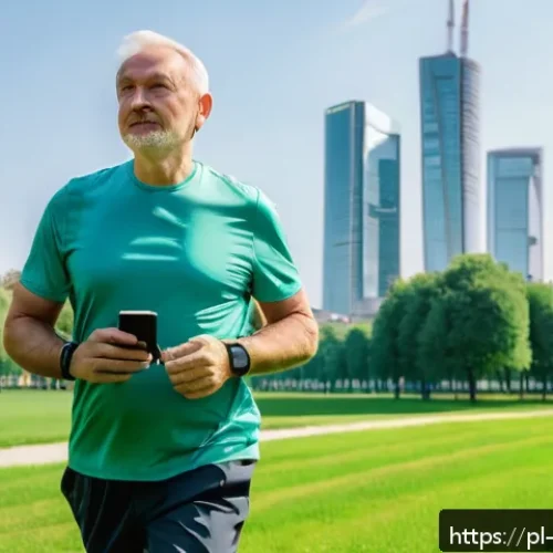 심박수 조절 - A middle-aged Polish man wearing casual sportswear, walking briskly in a lush green city park in War...