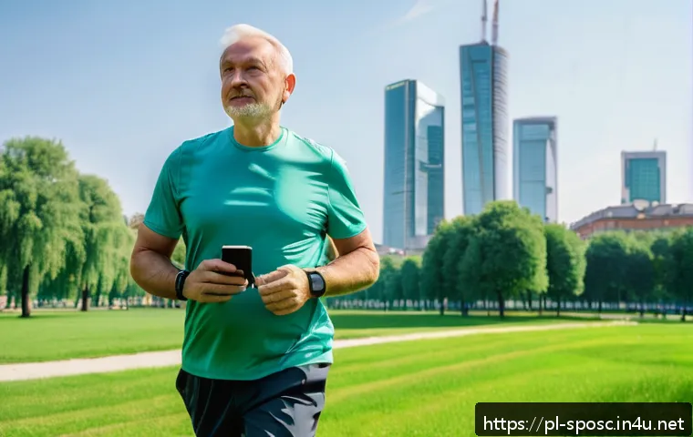 심박수 조절 - A middle-aged Polish man wearing casual sportswear, walking briskly in a lush green city park in War...
