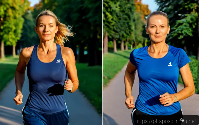 Home 17 운동에 대한 뇌의 반응 - Photorealistic split-scene concept of a healthy Polish woman in her 40s jogging along a leafy path i...