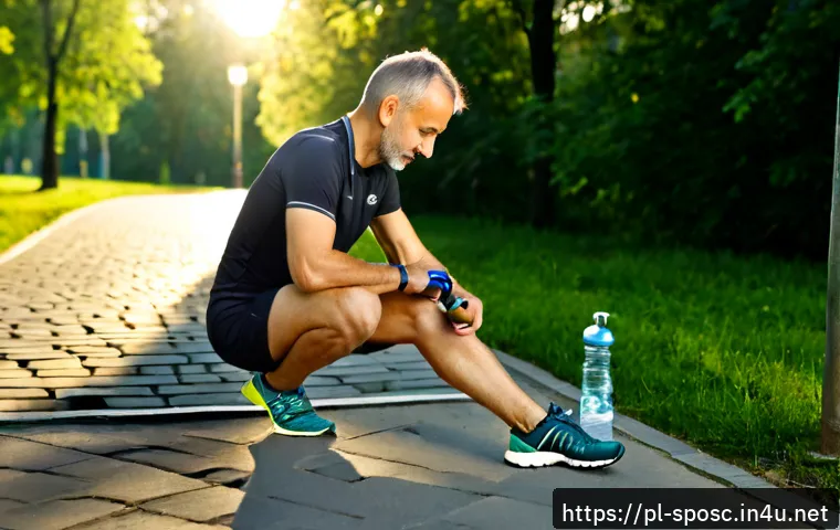 Home 17 스포츠 보조기기 - Photorealistic scene of a middle-aged Polish recreational runner adjusting a sleek knee support brac...